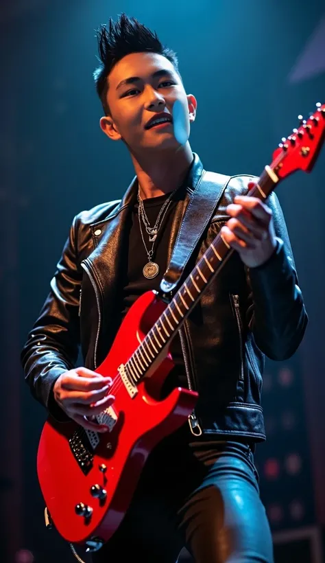 " A rock guitar player with short neat black hair ,  wearing a metallic accented black leather jacket ,  standing on stage against dark background .  He strums a striking red electric guitar with a feisty expression . Gaya hyper-realistic,  using a Sony Al...