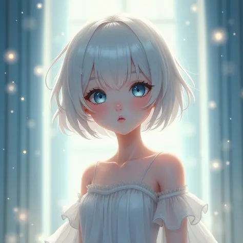 An innocent girl with short white hair, intricate, ethereal, highly detailed, digital art by Shiro and Krenz Cushart. Angelic expression, simple dress, masterpiece, glowing background, finely detailed gentle blue eyes, hdr, digital style, high definition