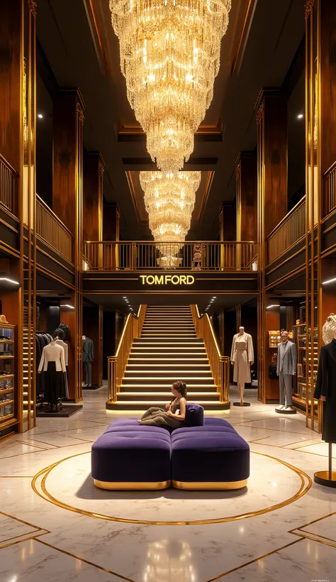 The interior of an ultra-luxurious apparel store, designed to embody the pinnacle of elegance and opulence. The space features towering ceilings adorned with intricate gold and crystal chandeliers, casting a warm, ethereal glow. Polished marble floors with...