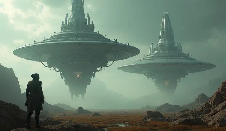  The camera is slowly approaching the Ground. In the distance, two huge UFO ships are visible in the form of huge megaliths with mechanisms. The ion lights and shimmering metal surfaces of the ships shimmer in the light of the lights.