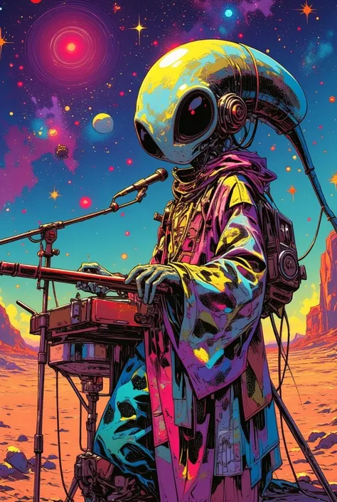   there is a comic book picture depicting an alien musician, Psychedelic hip hop ,  Oil Paintings on Canvas and Aliens ,  by Android Jones Inspired by the painting of a woman with a large head and watch , Psychedelic hip hop ,  Android Jones and Chris Dyer...