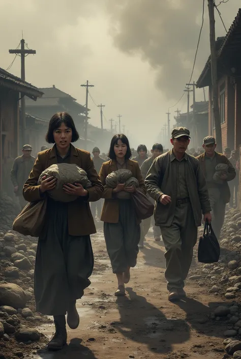  Scene from WWII China: burnt village ,  refugees with bundles of things ,  women and ren in panic .