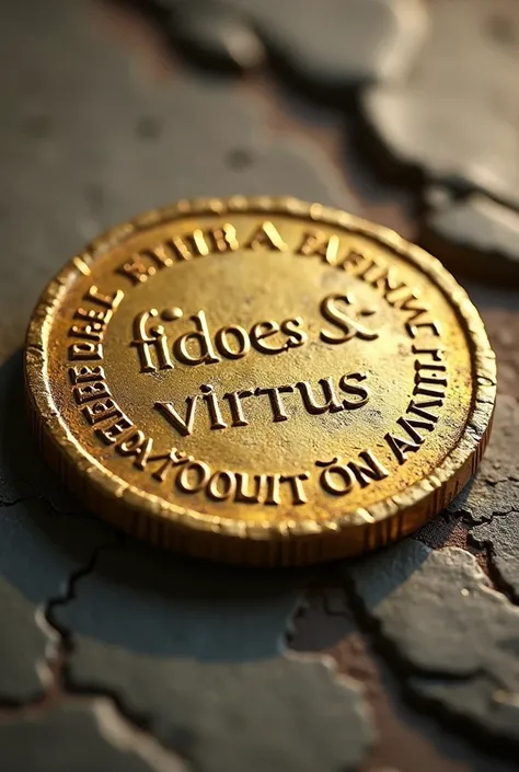  Ancient gold coin In the center the inscription in Latin "FIDES INTEGRITAS VIRTUS "