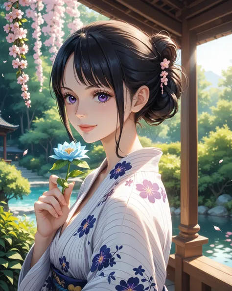 A captivating full-body portrait of Hiyori (One Piece) on a warm, sun-kissed day. She wears an elegant, flowing yukata in shades of vibrant purple and gold, the fabric light and airy against her skin. The yukata is styled to reveal one graceful shoulder an...