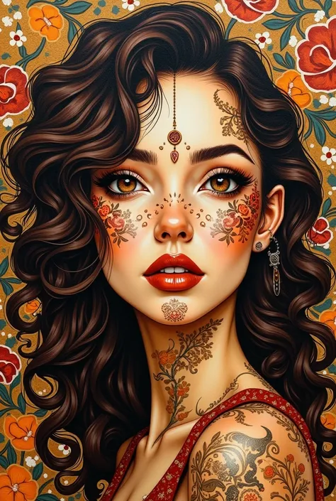 pyrography, the face of a beautiful European woman with soft lush curly warm long hair,
detailed, patterns, flowers, complex, abstract
chicano lowrider art with height adjustable suspension, graffiti
airbrushing technique to create a modern lowrider style,...