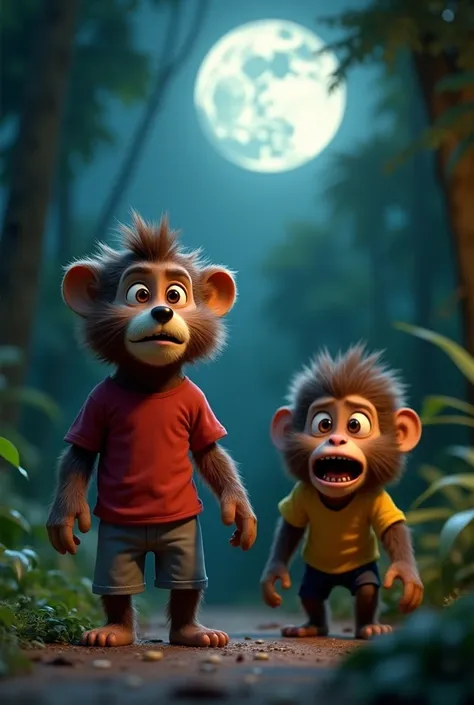 Darta hua bhalu ka bacha us bandar ke peeche jungle ke ander chala gaya.
Image Prompt:-A T3d pixar style cute bear cub with a small hair mane and expressive ,scared and scary eyes,wearing a red shirt and grey Shorts, mind night and moonlight.

Image Prompt...