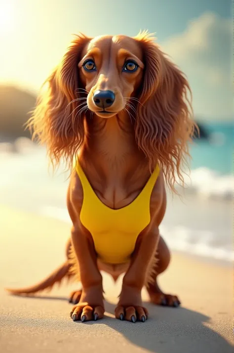 create a beautiful yellow female dachshund  long curly brown hair wearing a mini bikini, is standing on a beach