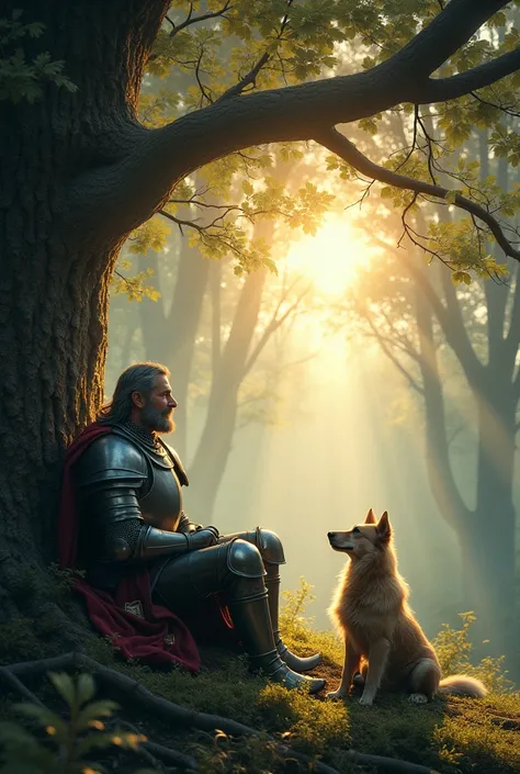 A forest with the sun and a knight in armor sits by a tree with a dog and watches the sunrise penetrate the leaves of the trees , Grain 