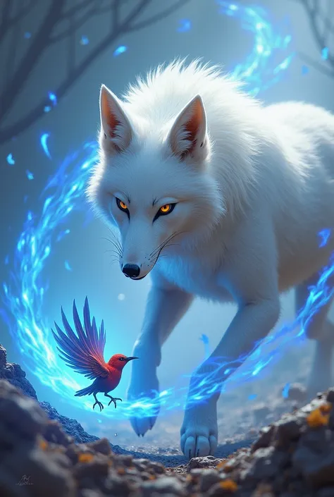 Create a white fox casting blue fire and fighting with a little egerbird