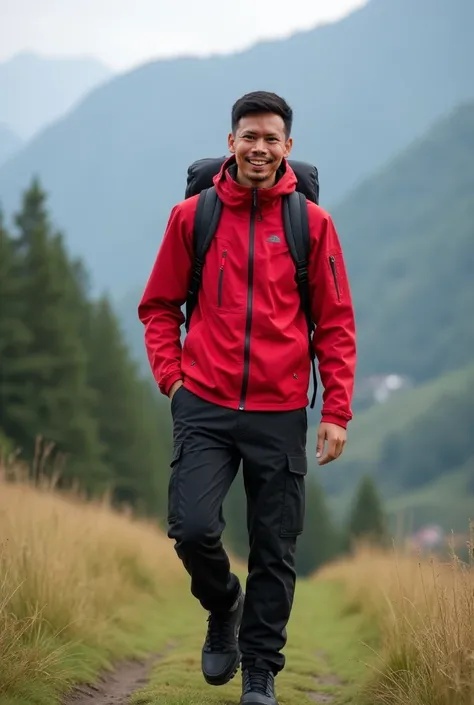 Real human. Photo, habib is Indonesian 23 years old man, short straight black hair, white skin, black expressive eyes, medium body, wearing red jacket, black cargo  pant, black mountain shoes, carrying black bacpack, he is walking with happy, background is...