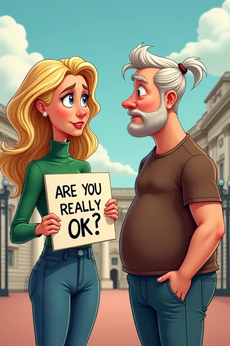 Create a cartoon of a slim blue eyed blonde haired woman wearing jeans and a green turtleneck holding a sign ARE YOU REALLY OK? who is looking at a shorter fat 45 year bass guitar player with longer white tied hair, plump stubble face and round reddish nos...