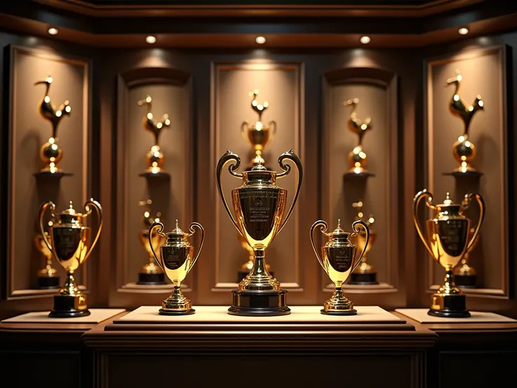 Create me a 4k image of the display cases where the Tottenham FC awards are held with lots of shiny gold trophies 