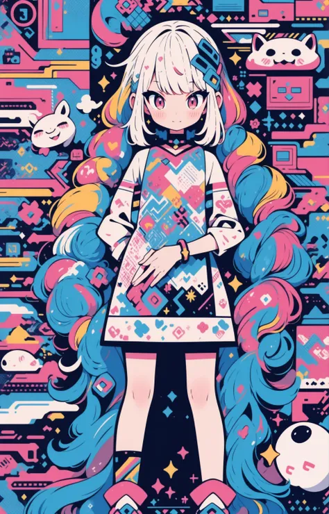  High Quality 、Colorful color palette、High image quality、 pretty girl 、An unprecedented amount of drawing、 Anime Style 、Geometric pattern background 、  no sticker style 、Long Hair、 light pink hair 、 purple eyes, Drill Hair, Positive,  pose, hands  pose, ra...