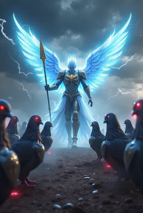 "A man transformed into the Red Bull God, a godlike figure with luminous wings of pure energy and a blue and silver glow, prepares to face an army of highly armed humanoid pigeons. His celestial armor, shining with the golden Red Bull symbol on his chest, ...