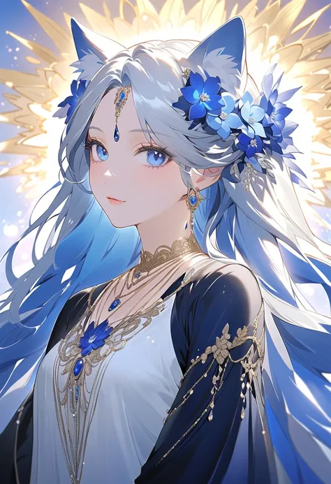 woman with wolf ears and a tail, graceful with an aura that exudes beauty and serenity, thin lips, this character has long white hair and adds blue hair to several strands of her hair like Furina Genshin Impact but her hair is full length unlike her Furina...