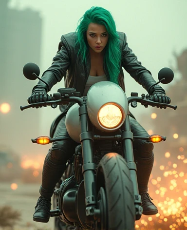 a woman as cyborg, wear cyberpunk jacket costume, long hair green colors, he was ride on cyborg motorcycle, sci-fi, fantasy, masterpiece, vibrant effects, visual effects graphics, fire sparks, dust effects graphics, weapon, natural, poster image, BLU-RAY, ...