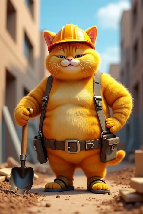 A large, fat yellow cat with a body resembling that of a human, dressed in construction worker attire, including a helmet and work clothes. The cat is working at a construction site, holding a belt shovel in one hand. The scene is set in a busy constructio...