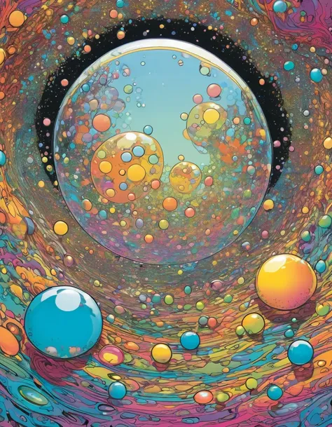 Colorful Magical Soap Bubbles. Underground comix, Art of Dave Sim, Inspired by Dave Sim, Cerebus style. Intense psychedelic art, hatching. 