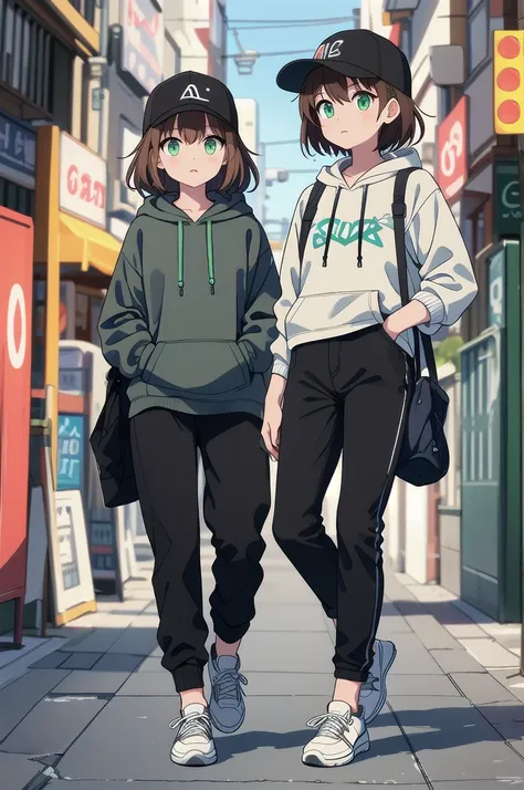 Gray Hoodie,  Black Pants , WHITE SNEAKERS ,  WOMAN WEARING A BLACK BASEBALL HAT( light green eyes ,  brown hair)