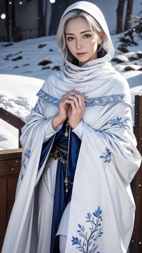 Photorealistic, high resolution, 1 Women, Solo, (****ta costume)，Gorgeous costumes，Face the audience，The upper part of the body，upper legs， beautidful eyes, White hair, ringed eyes, (outside，Heavy snowfall，Cloak，Cover with snow)，snowfield，Blue eyes，Illustr...