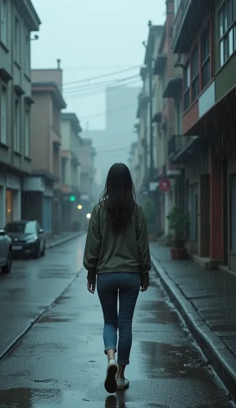  A rainy afternoon , Laura walked down the street without an umbrella. 