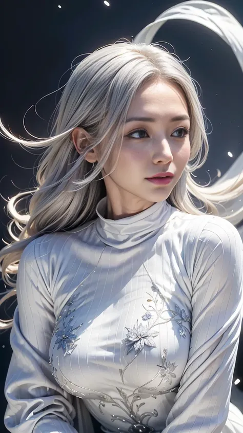 silver hair、(masterpiece,  highest quality , Highest, official art, beautiful and aesthetic, exposed for a long time: 1.2), smooth movement, attractive pattern, 1 girl, (long dress with sleeves: 1.3), (((white clothes) )), Upper body close-up, bare shoulde...