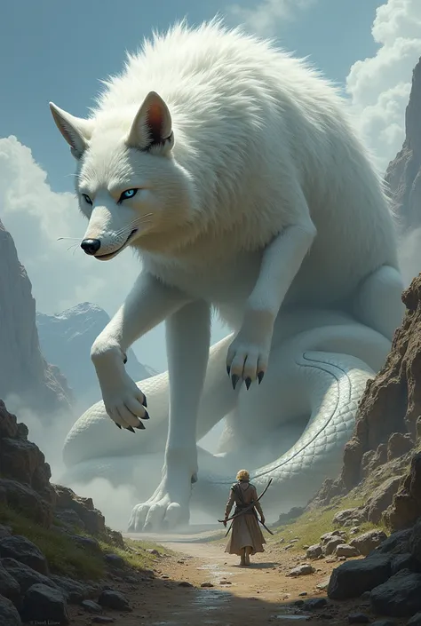 Asme a giant white fox epically fighting a colossal snake 