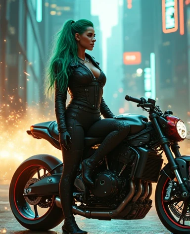 a woman as cyborg, wear cyberpunk jacket costume, long hair green colors, he was standing beside on cyberpunk motorcycle, sci-fi, fantasy, masterpiece, vibrant effects, visual effects graphics, fire sparks, dust effects graphics, weapon, natural, poster im...