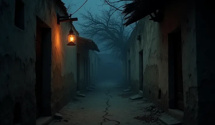 "A deserted village alley at night, dimly lit by a flickering oil lamp hanging from a wooden post. The walls of mud houses are cracked, and the wind carries a faint whispering sound. The far end of the alley disappears into darkness, with shadows of twiste...