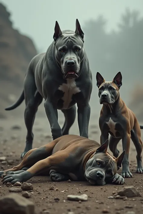 A digitally created image showing a dramatic scene where a defeated boxer dog lies on the ground alongside her pup, both motionless and showing visible injuries. Towering over them stands a powerful grey pitbull, her muscular frame exuding dominance, with ...