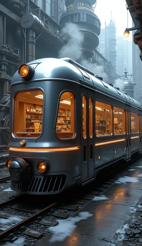 fantastical train city where massive locomotives double as urban structures. The store is integrated into a gleaming, futuristic train car, with a streamlined metal façade that blends modern minimalism with industrial elegance. Large panoramic windows show...