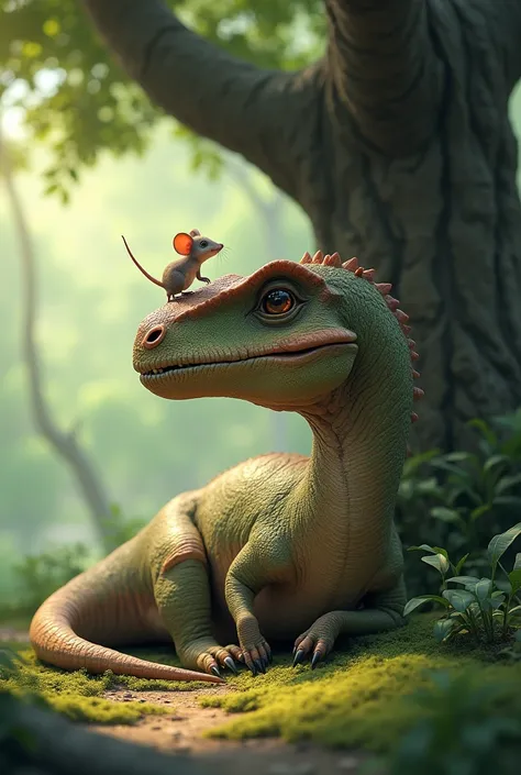 dinosaur and mouse under a tree; dinosaur lying down with his tail curled, and mouse perched on his nose, chatting animatedly.