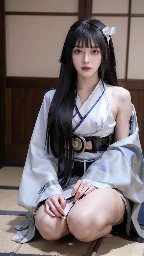 (masterpiece), best quality, HD, 4K, perfect face, black hair, hanfu, hairband, black long messy hair, arrogant assassin, geisha prostitution, muscular, knee, ABS collarbone, geisha, japan shoes, ocha tea, tatami background, Japan robe, servant, smiles, ha...