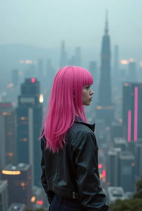 Dystopian, High Detail RAW color Photo, Full Shot, (cute female with pink hair) , (small breasts) , standing on an overlook, looking out at sprawling cyberpunk city skyline, perfect face, (highly detailed, fine details, intricate) , (lens flare:0.5) , (blo...