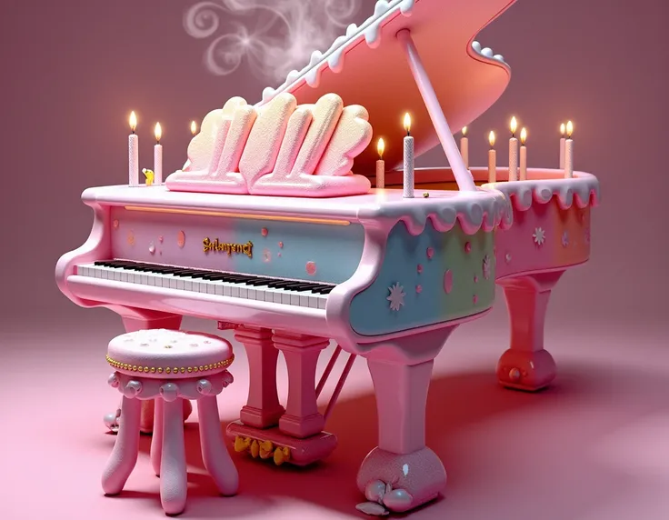  "An impressively creative and eye-catching piano inspired by candy and confectionery. Its structure resembles a giant layered cake with vibrant colors and shiny frosting, while its keys look like glistening chocolate bars. The piano is adorned with LED li...