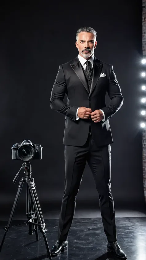 A huge masculine muscular middle-age male model wearing an elegant gothic-style suit is posing in a glamorous photography studio. A photographer is standing nearby, giving directions to the model. The scene includes bright studio lights, a sleek backdrop, ...