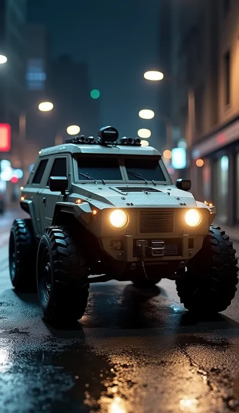 A hyper-realistic image of an MI2B Warthog vehicle from Halo video game series. The vehicle is parked in the middle of a city street at night, with its headlights and other lights illuminated. The image is detailed and accurate, showing the vehicles tires,...