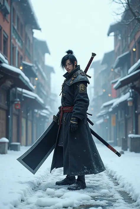 A lone warrior stands in the middle of an abandoned, snow-covered city street. The buildings around him are crumbling, draped in frost, and the air is filled with soft, falling snowflakes. The figure, Ichiro, has golden eyes that gleam against the white su...