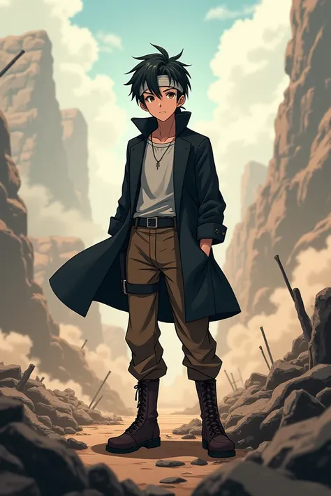 Anime boy with middle part hair with white headband with black coat brown pants dark brown boots standing in battlefield 