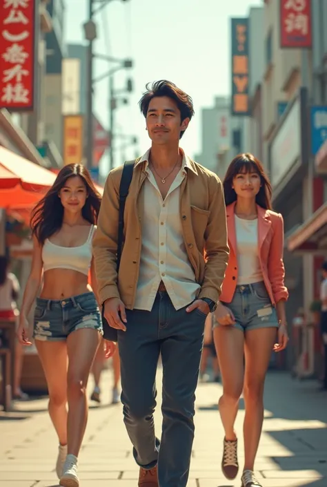 One Japanese man in his 40s who is popular with lots of girls, is cool,Three girls are in love from behind,Daytime,Around town