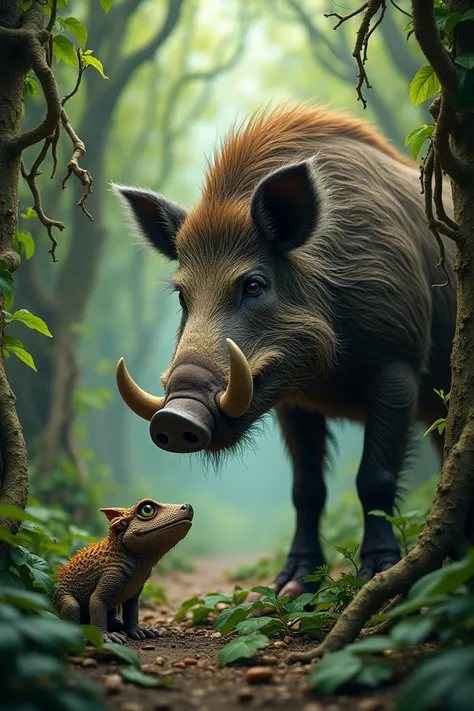  Create a color photo image (1024x1792)  of a bearded wild boar watching a nasticus eat green leaves. The scene takes place in a mangrove . 