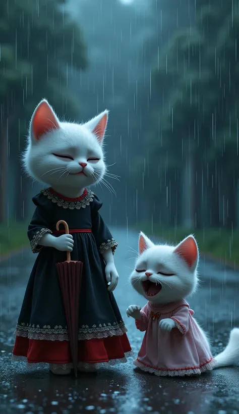 In cinematic 3D style, HD image, realistic image, colourful image.
Character, white baby cat wearing red frock, The frock has white net border.
Character, Lena big white cat wearing black long dress has white net border.
Character, white big cat wearing pi...