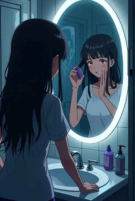 
(With anime style)
1. The Reflection
Samantha was getting ready for bed when she noticed something strange in her bathroom mirror. It wasn’t her own reflection—at least, not entirely. She could see herself, brushing her hair, but standing just behind her ...