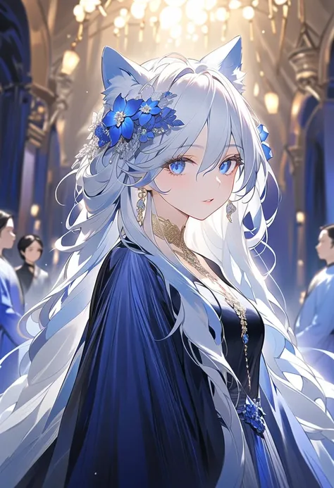 woman with wolf ears and tail, graceful with an aura that exudes beauty and serenity, thin lips, this character has long white hair and adds blue hair in some strands of her hair like Furina Genshin Impact but her hair is full length unlike Furina Her hair...