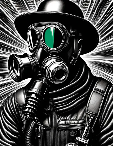 Mad Gasser, Wearing a gas mask with tinted goggles, Black hat, black cape, tight black leather suit, Compact backpack sprayer, Whole body all black. Doomsday City. Underground comix, Art of Dave Sim, Inspired by Dave Sim, Cerebus style. Intense psychedelic...