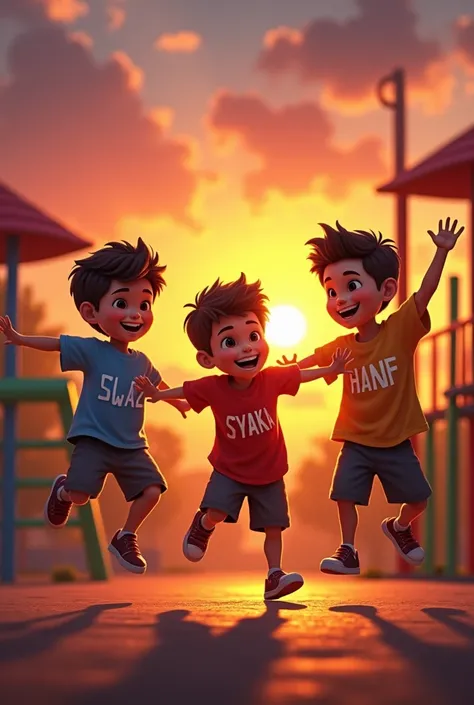 3 ren boy playing in playground background sunset, they are shirt written the old  name fawwaz,middle  name syaka,young  namehanif