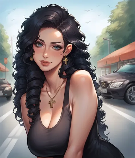 uploaded e621, score_9, score_8_up, score_7_up, score_6_up, score_5_up, score_4_up, rating_safe, smooth, source_furry, {realistic}, there is a woman with very long thick hair standing in a parking lot, 30-year-old woman from cuba, sza, gorgeous babe, sexy ...