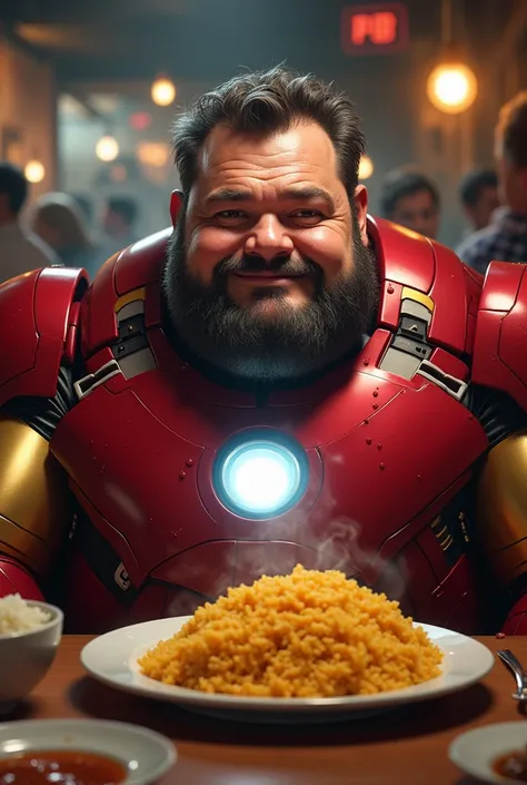 fat iron man eating curry rice