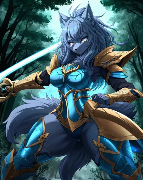 A fierce anime-style Wolf woman anthropomorphism fighter, dual-wielding swords with magical blue flames, engaging in combat, powerful stance, thick thighs, intricate battle armor. Background: dark enchanted forest with mystical creatures. High-energy light...