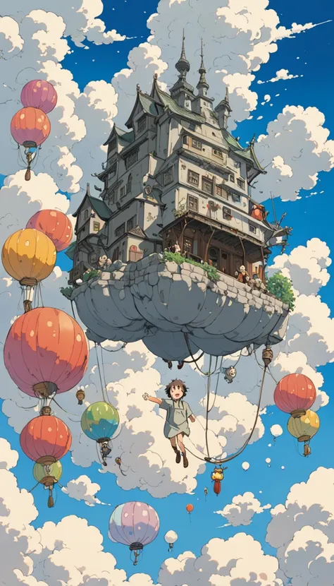  Studio Ghibli animated film ,  movie stills,  best quality, masterpiece, Representative works,  Official Art, professional,  super intricate details , 8k,  The body is made of small clouds 、 a cat-like creature that floats fluffily through the sky , Two p...